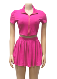 Summer Ribbed Knitted Zipper Lapel Top Pleated Short Skirt Two-Piece Suit For Women
