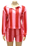 New Fashion Striped Lapel Top High Waist Shorts Two-Piece Suit For Women