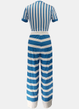 Striped Round Neck Short Top High Waist Wide Leg Trousers Two Piece Suit Women