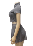 Summer Ribbed Knitted Zipper Lapel Top Pleated Short Skirt Two-Piece Suit For Women