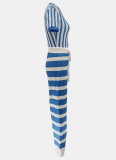 Striped Round Neck Short Top High Waist Wide Leg Trousers Two Piece Suit Women