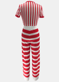 Striped Round Neck Short Top High Waist Wide Leg Trousers Two Piece Suit Women