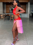 Sexy Beach Vacation Halter Neck Sling Slit Contrast Color Two-Piece Set
