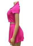 Summer Ribbed Knitted Zipper Lapel Top Pleated Short Skirt Two-Piece Suit For Women