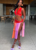 Sexy Beach Vacation Halter Neck Sling Slit Contrast Color Two-Piece Set