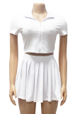 Summer Ribbed Knitted Zipper Lapel Top Pleated Short Skirt Two-Piece Suit For Women