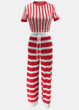 Striped Round Neck Short Top High Waist Wide Leg Trousers Two Piece Suit Women
