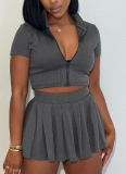 Summer Ribbed Knitted Zipper Lapel Top Pleated Short Skirt Two-Piece Suit For Women