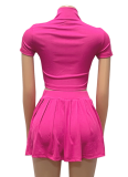 Summer Ribbed Knitted Zipper Lapel Top Pleated Short Skirt Two-Piece Suit For Women