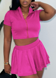 Summer Ribbed Knitted Zipper Lapel Top Pleated Short Skirt Two-Piece Suit For Women
