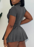 Summer Ribbed Knitted Zipper Lapel Top Pleated Short Skirt Two-Piece Suit For Women