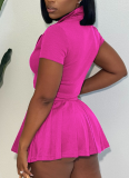 Summer Ribbed Knitted Zipper Lapel Top Pleated Short Skirt Two-Piece Suit For Women