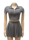 Summer Ribbed Knitted Zipper Lapel Top Pleated Short Skirt Two-Piece Suit For Women