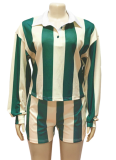 New Fashion Striped Lapel Top High Waist Shorts Two-Piece Suit For Women