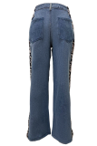 Leopard Print Straight Washed Denim Trousers Wholesale