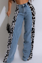 Leopard Print Straight Washed Denim Trousers Wholesale