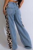 Leopard Print Straight Washed Denim Trousers Wholesale