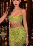 Fashion Pure Slim Fit Sequined Tassel Suspender Skirt Suit