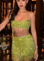 Fashion Pure Slim Fit Sequined Tassel Suspender Skirt Suit