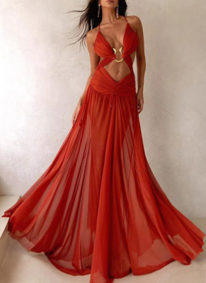 New Hollow Metal Decoration Sling Long Dress