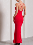 Sexy V-neck Suspenders Ruffled Side Slit Backless Dress