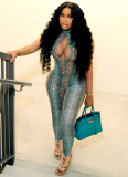 Fashionable Python Print Half Turtleneck Sleeveless Hollow Jumpsuit