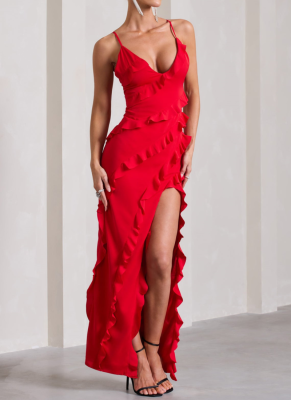 Sexy V-neck Suspenders Ruffled Side Slit Backless Dress