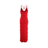 Sexy V-neck Suspenders Ruffled Side Slit Backless Dress