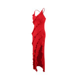 Sexy V-neck Suspenders Ruffled Side Slit Backless Dress