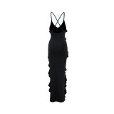 Sexy V-neck Suspenders Ruffled Side Slit Backless Dress