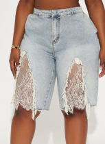 Casual Street Fashion Washed Distressed Lace Patchwork Denim Shorts