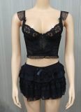 Sexy Lace Hollow Suspender Shorts Two-piece Set