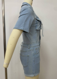 Light Blue Tube Top Cardigan Button Denim Jumpsuit