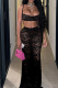 Sexy Hollow Camisole Top Solid Color High Waist Lace Skirt Two Piece Set