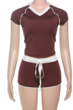 New Contrast Color Slim Fit Short Sleeve Top High Waist Shorts Two Piece Suit For Women