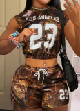 Fashionable And Casual Elastic Waist Top With Tree Branch Print Shorts Two-Piece Set
