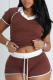 New Contrast Color Slim Fit Short Sleeve Top High Waist Shorts Two Piece Suit For Women