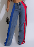 Fashion Denim Patchwork Striped Contrast Color Casual Stretch Straight Pants