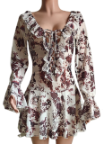 Summer New Sexy Printed Lotus Leaf Collar Tie Mesh Dress