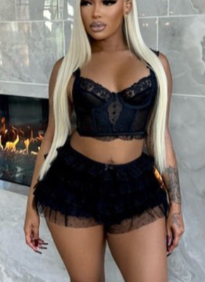 Sexy Lace Hollow Suspender Shorts Two-piece Set