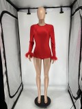 Sexy Round Neck Buttoned Bare Back Long Sleeve Feather Glossy Hottie Jumpsuit