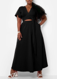 Solid Color Trumpet Sleeve V-Neck Lace-Up Top Loose Long Skirt Two-Piece Suit