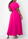 Solid Color Trumpet Sleeve V-Neck Lace-Up Top Loose Long Skirt Two-Piece Suit
