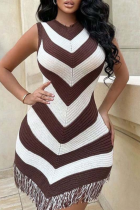 Summer Sleeveless Slim Fit Striped Tassel Hip-Wrapped Knitted Dress For Women