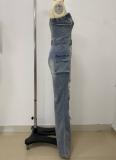 Fashionable Casual Tube-Top Ripped Wide-Leg Denim Jumpsuit