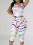 Fashionable Sexy Colorful Printed Vest Cropped Pants Two-Piece Set