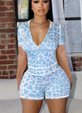 Casual Leopard Print Zipper Hooded Print Contrast Tight Two-piece Suit