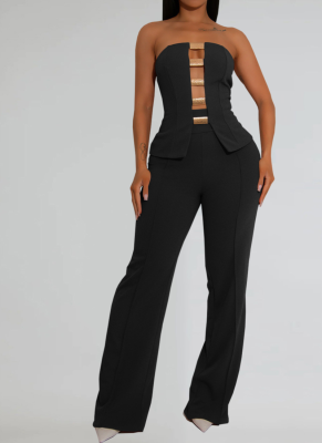 Fashion Women'S Sexy Tube Top Gold Button Vest Wide Leg Trousers Two Piece Suit