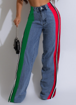 Fashion Denim Patchwork Striped Contrast Color Casual Stretch Straight Pants
