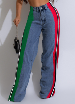 Fashion Denim Patchwork Striped Contrast Color Casual Stretch Straight Pants